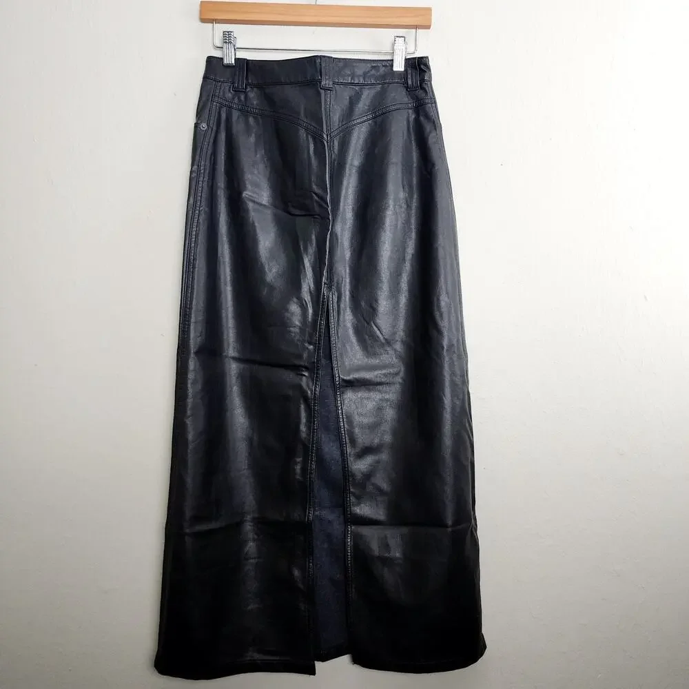 Free People City Slicker Faux Leather Maxi Skirt Black Vegan Moto Long 0 NWOT